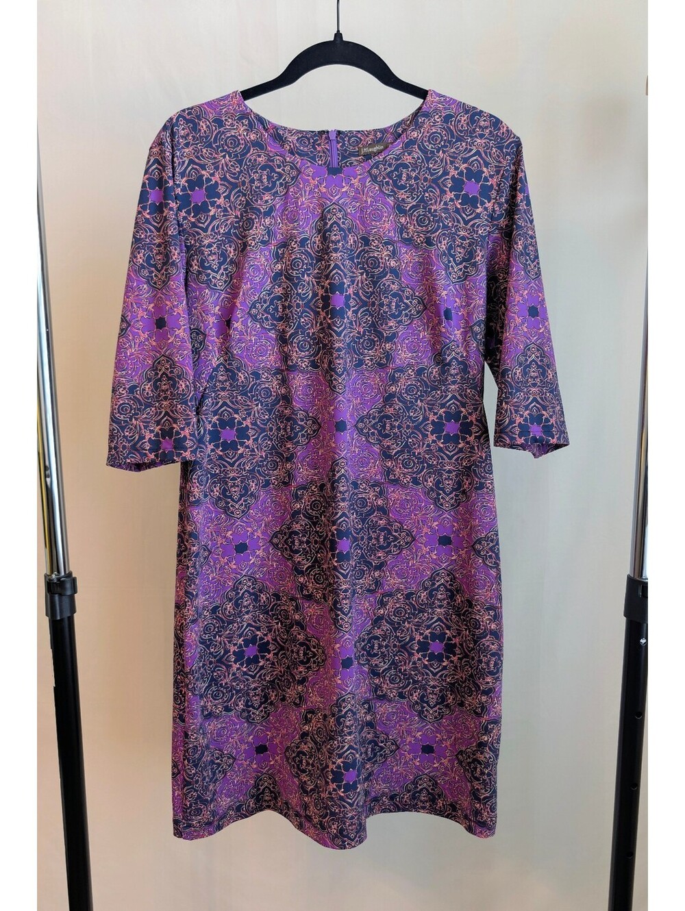 J.McLaughlin Catalina Cloth Sheath Dress XL Purple Blue Medallion Geo 3/4 Sleeve